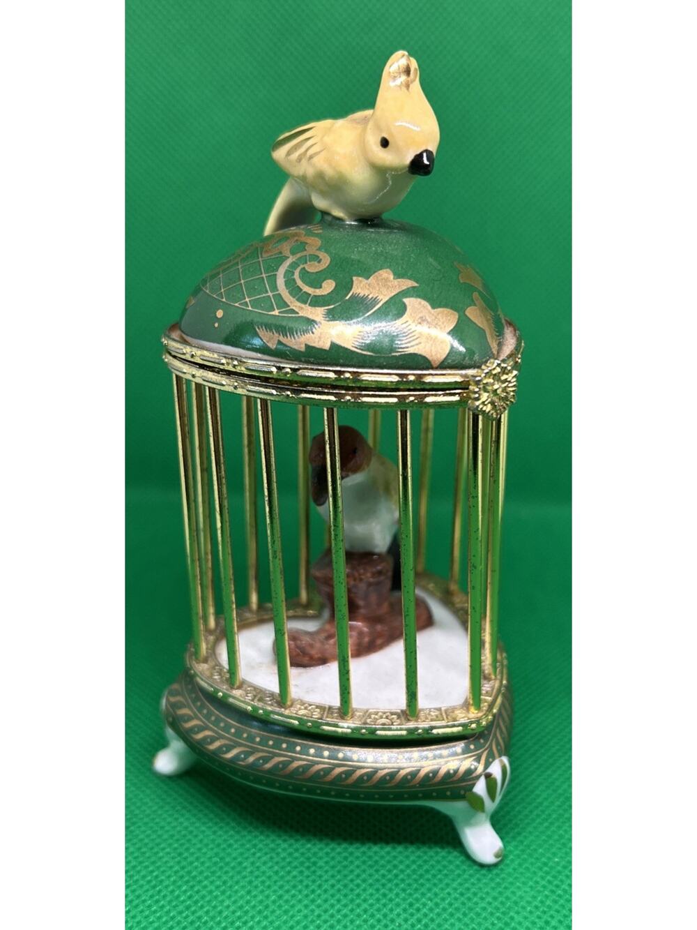 Rare Bird Porcelain Birdcages / Hinged Lid / Gold Plated Trim / 4.75" tall